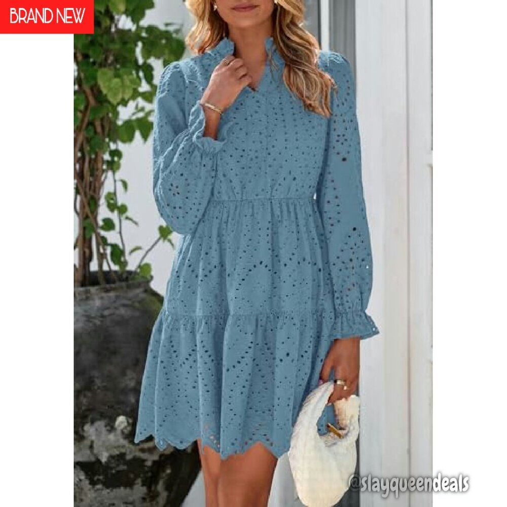 Long Puff Sleeve Mini Dress Lace V Neck A Line Ruffle Casual Party - Picture 6 of 8